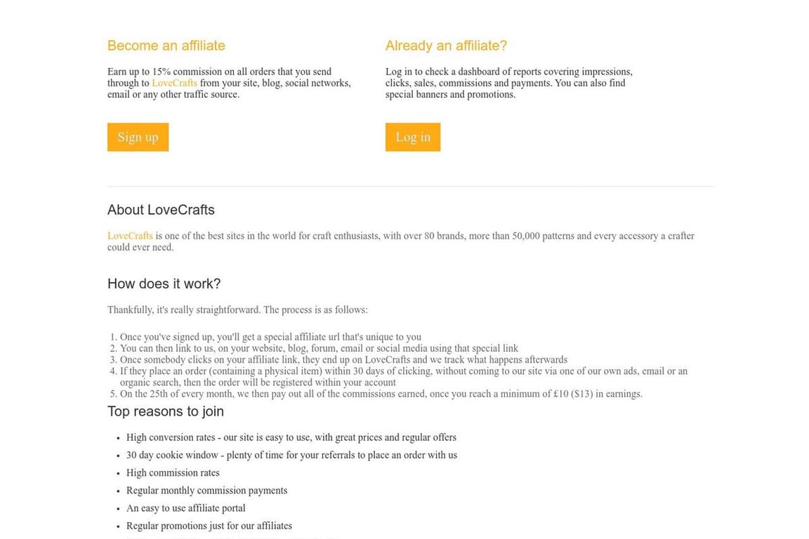LoveCrafts affiliate program signup page