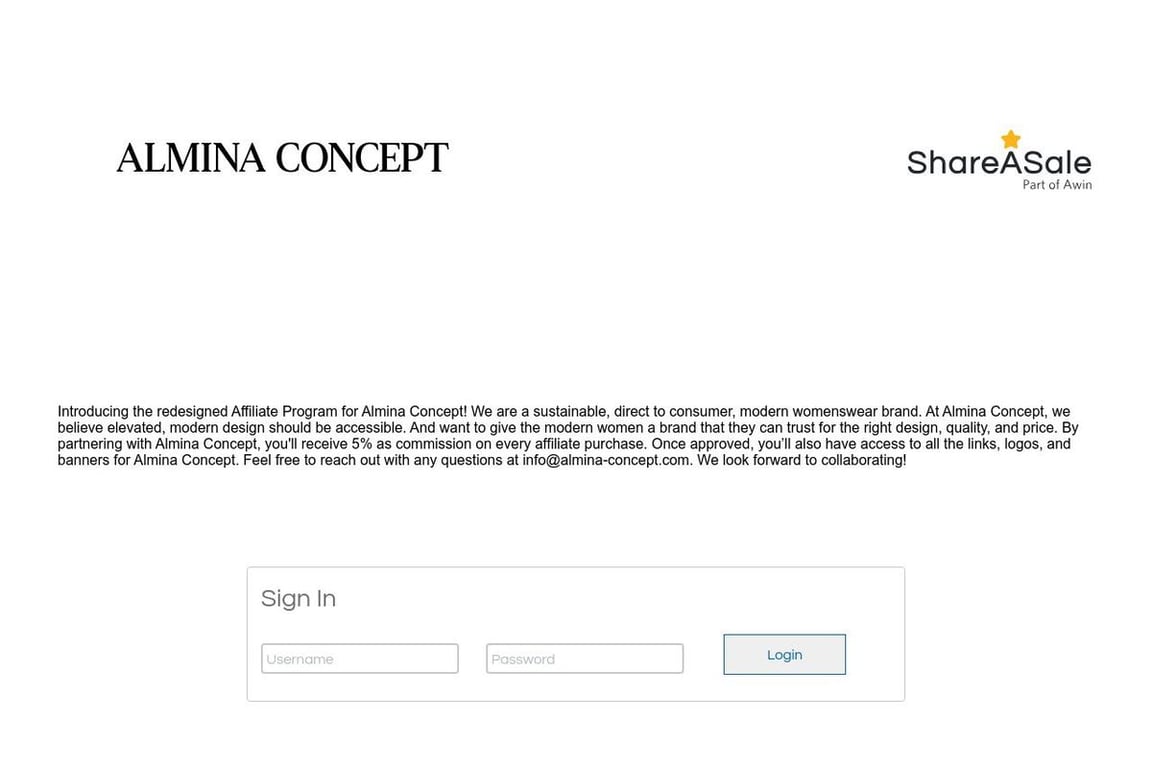 Almina Concept affiliate program signup page