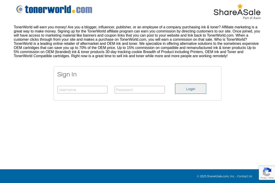 TonerWorld affiliate program signup page