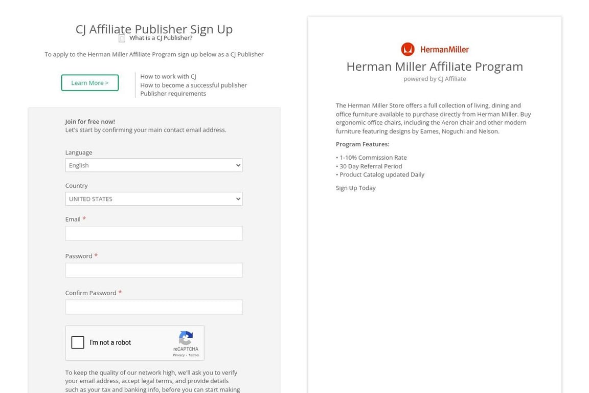 Herman Miller affiliate program signup page