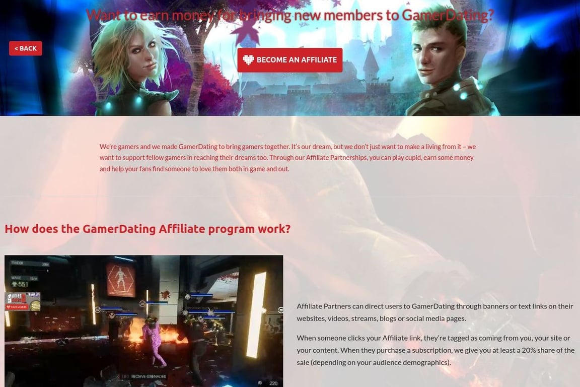 GamerDating affiliate program signup page