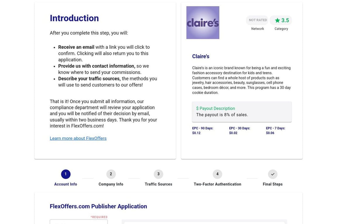 Claire’s affiliate program signup page