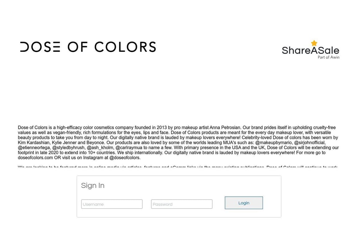 Dose of Colors affiliate program signup page