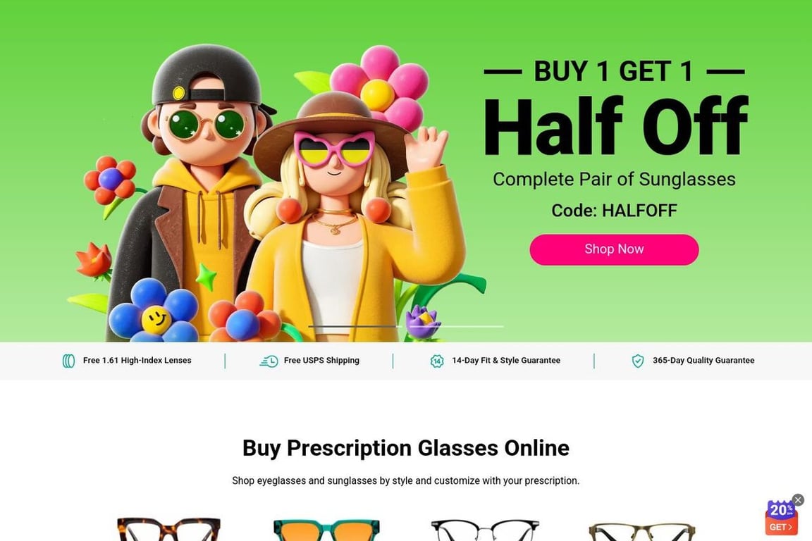 Yesglasses homepage