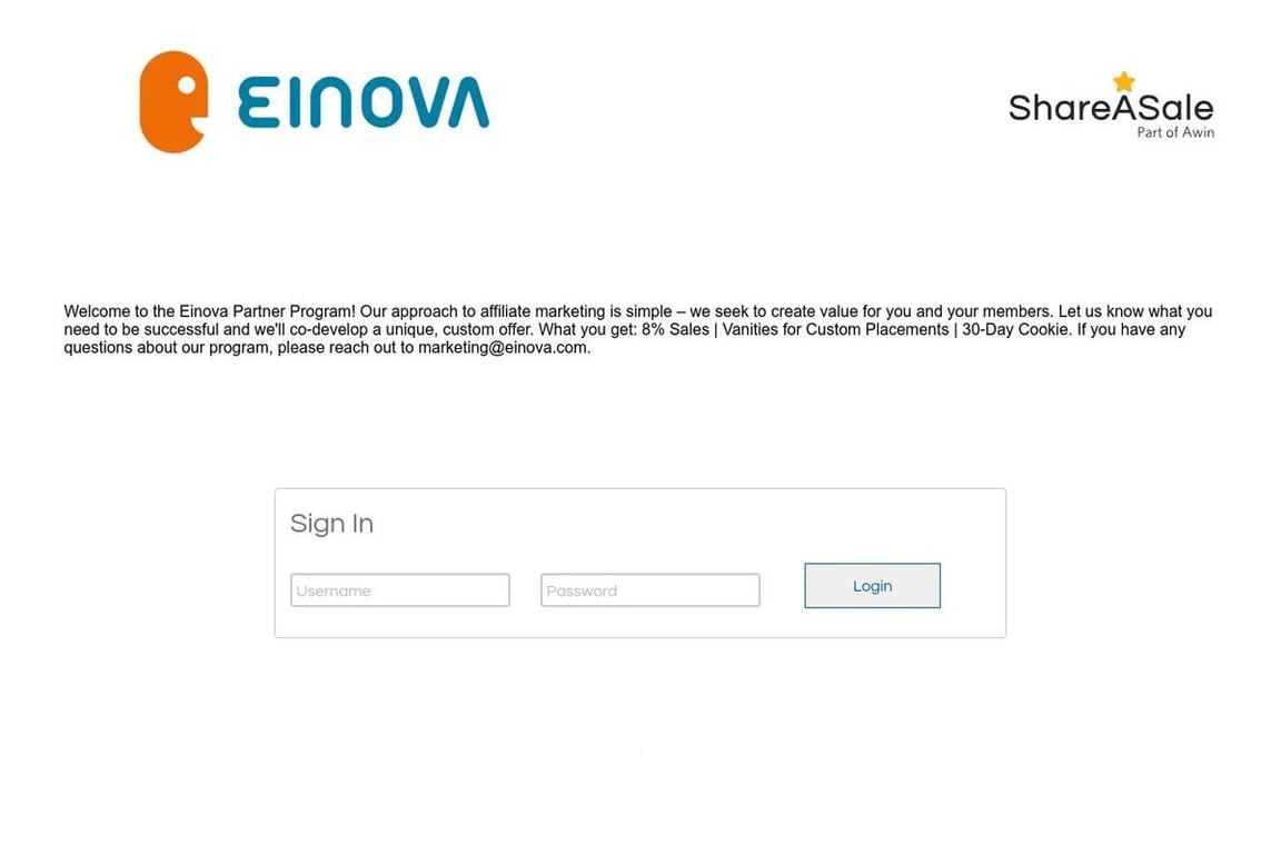 Einova affiliate program signup page