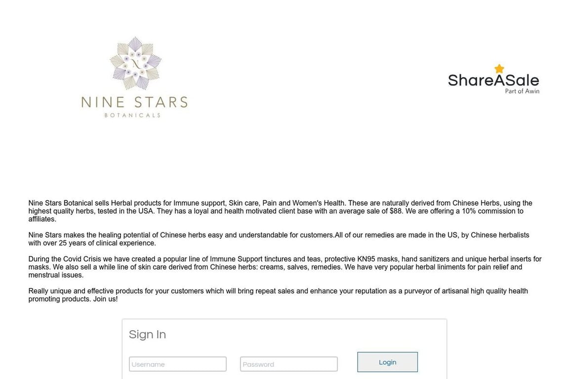 Ninestars Botanicals affiliate program signup page