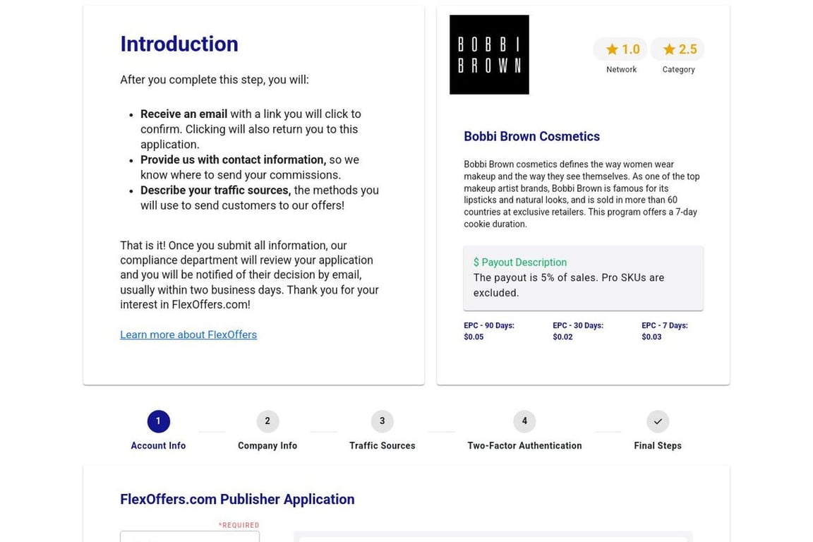 Bobbi Brown Cosmetics affiliate program signup page