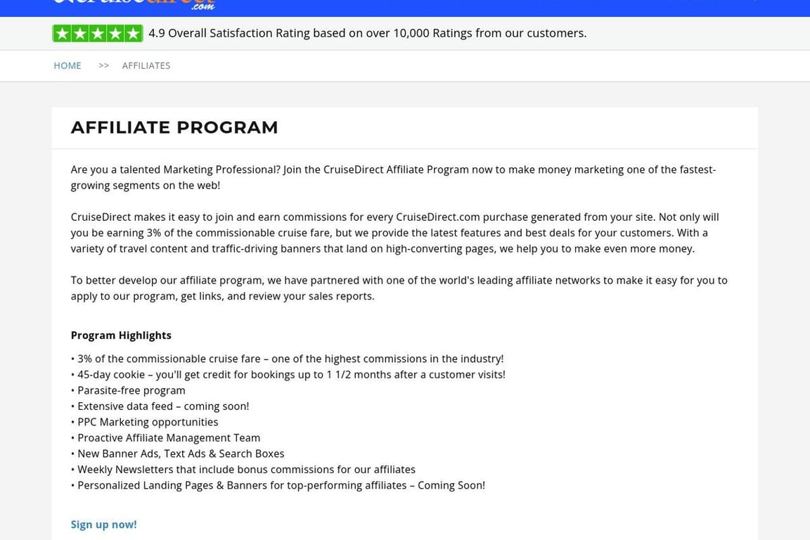 CruiseDirect affiliate program signup page