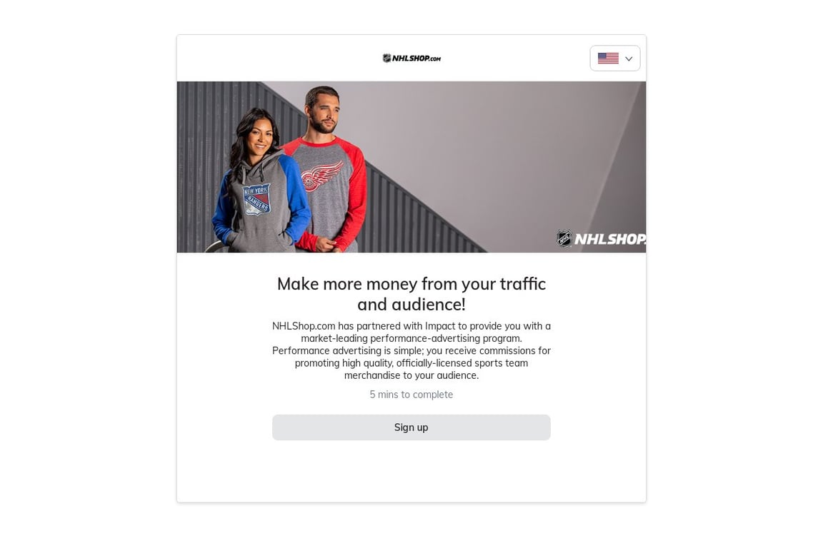 NHL Shop affiliate program signup page