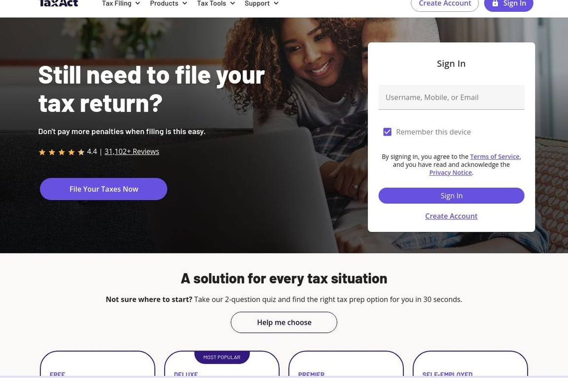 TaxAct homepage