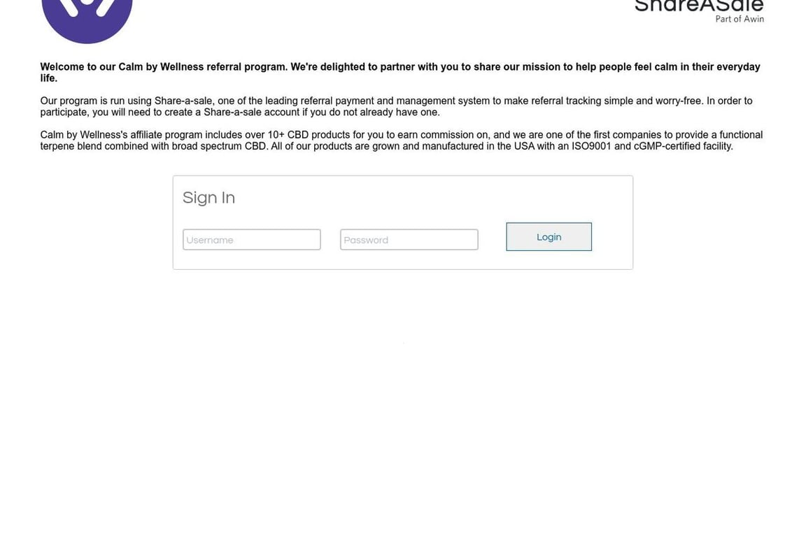 Calmbywellness affiliate program signup page