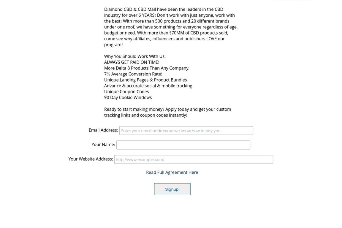 Diamond Hemp affiliate program signup page