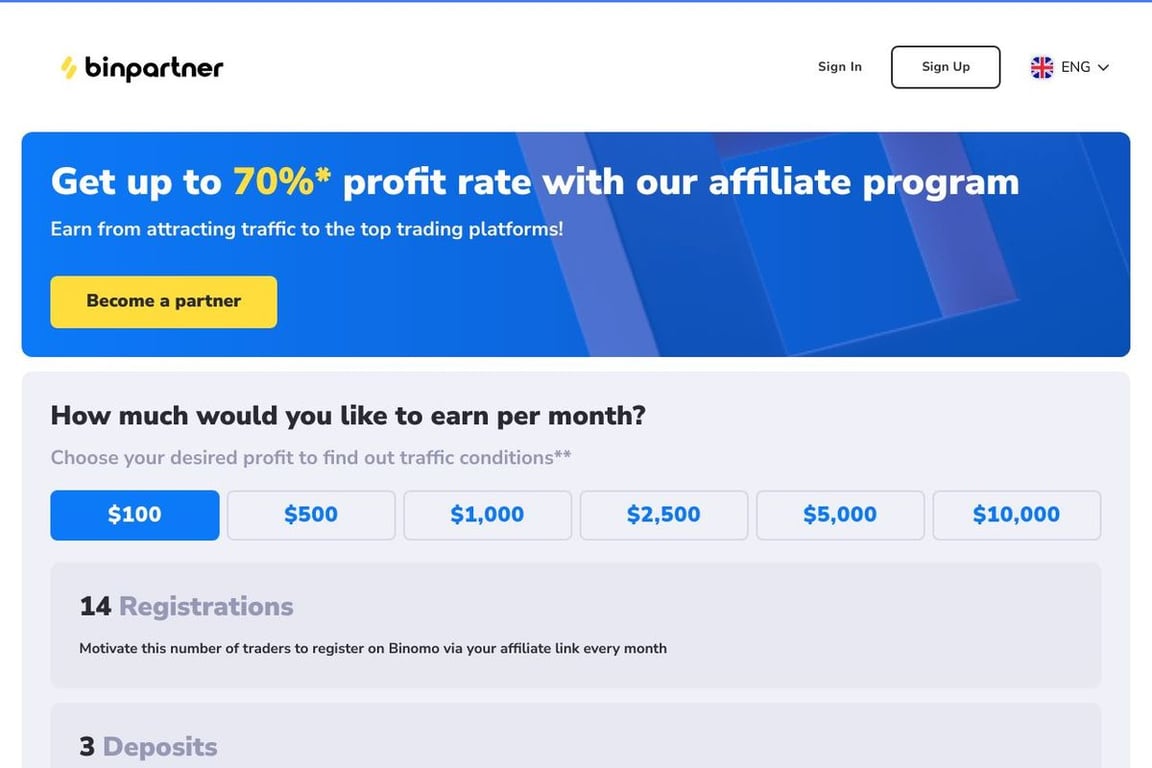 Binomo affiliate program signup page