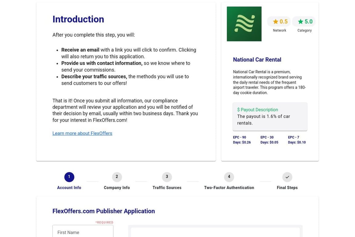 National Car Rental affiliate program signup page