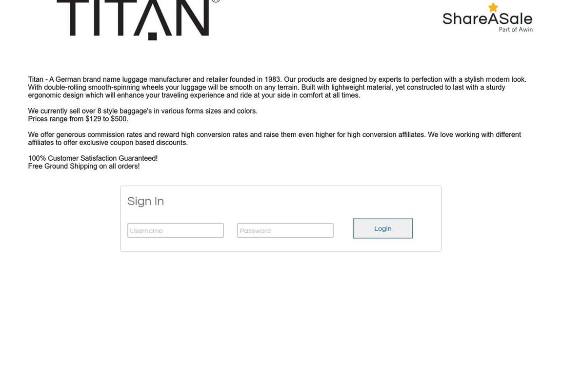 Titan Luggage affiliate program signup page