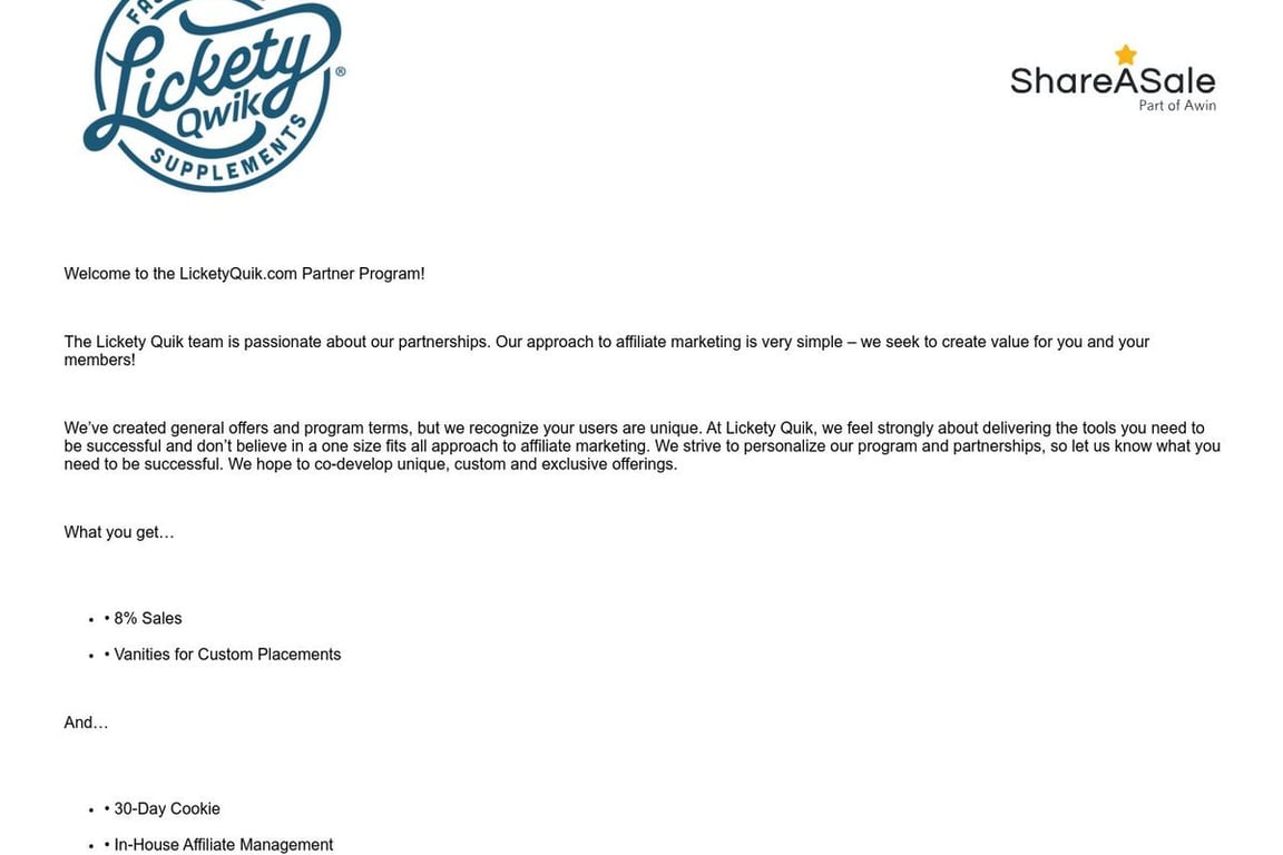 Lickety Quik affiliate program signup page