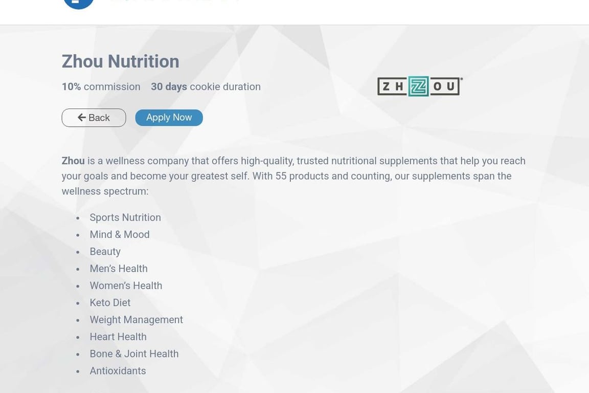 Zhou Nutrition affiliate program signup page