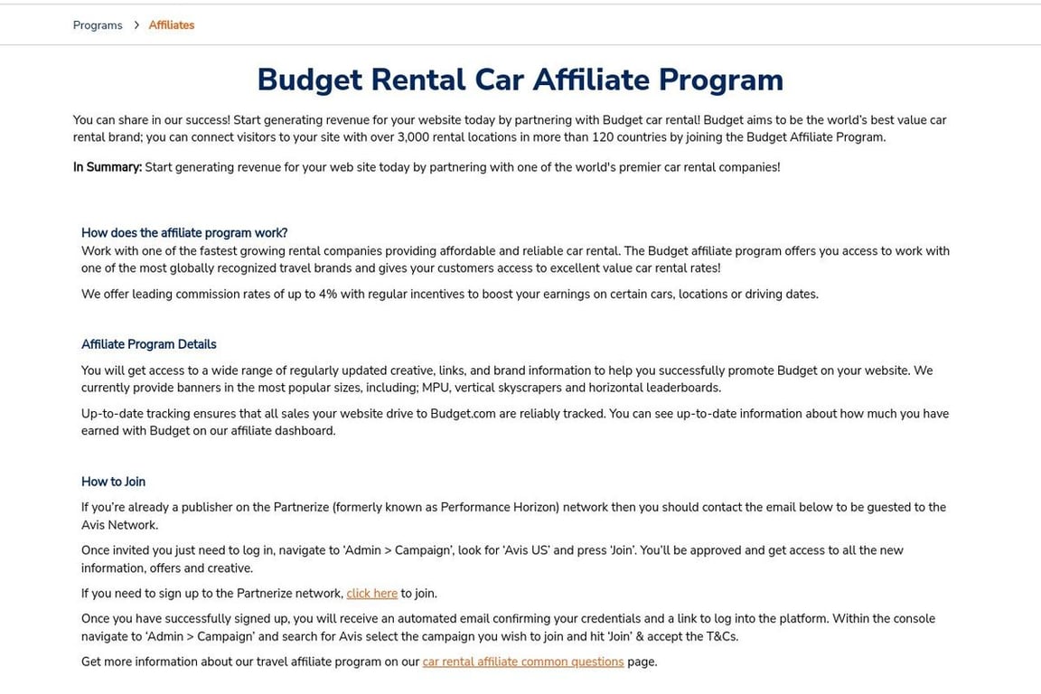 Budget affiliate program signup page