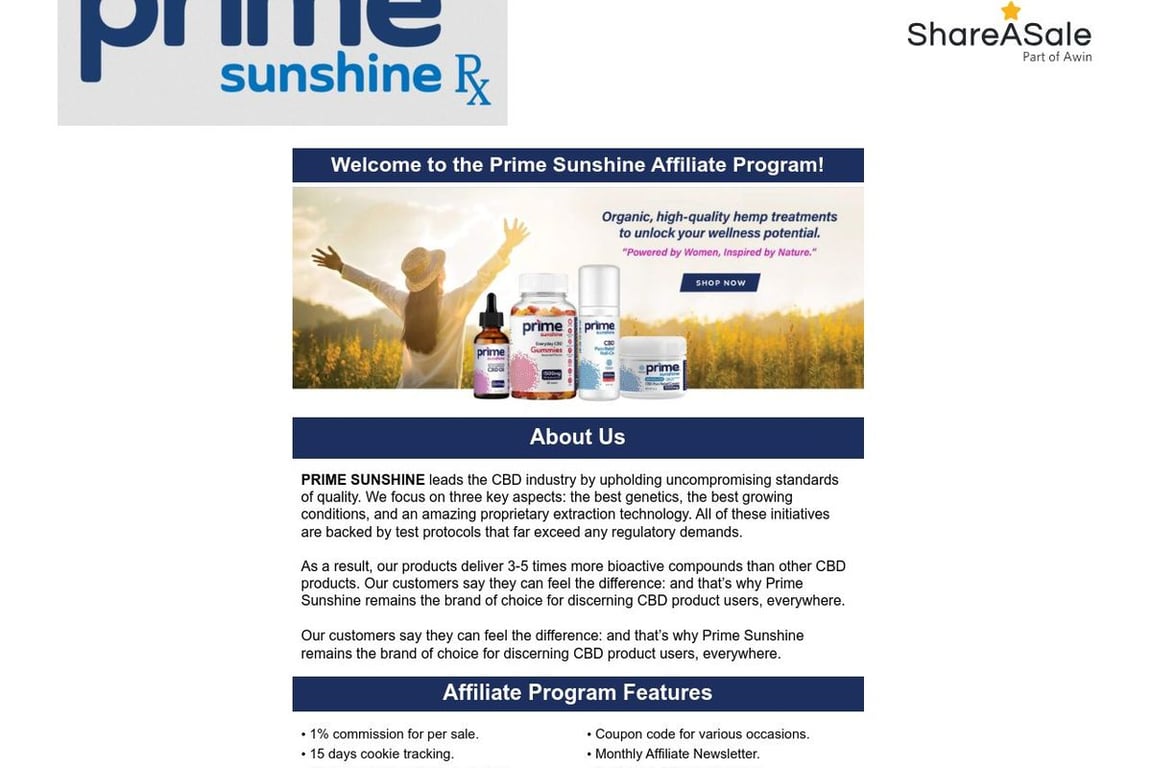 Prime Sunshine CBD affiliate program signup page