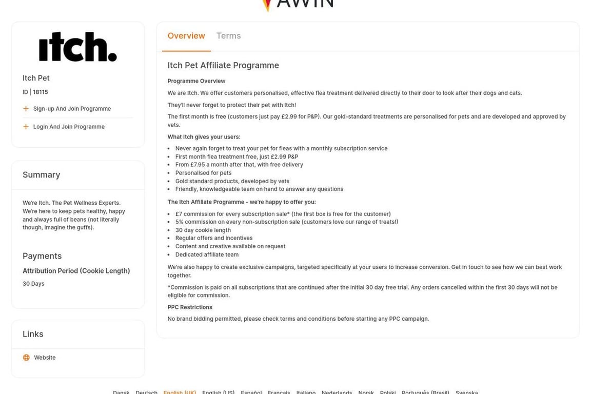 Itch Petcare affiliate program signup page
