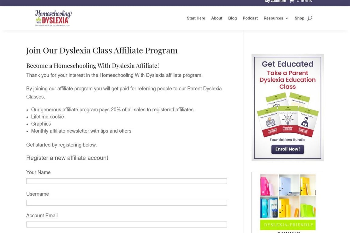 Homeschooling with Dyslexia affiliate program signup page