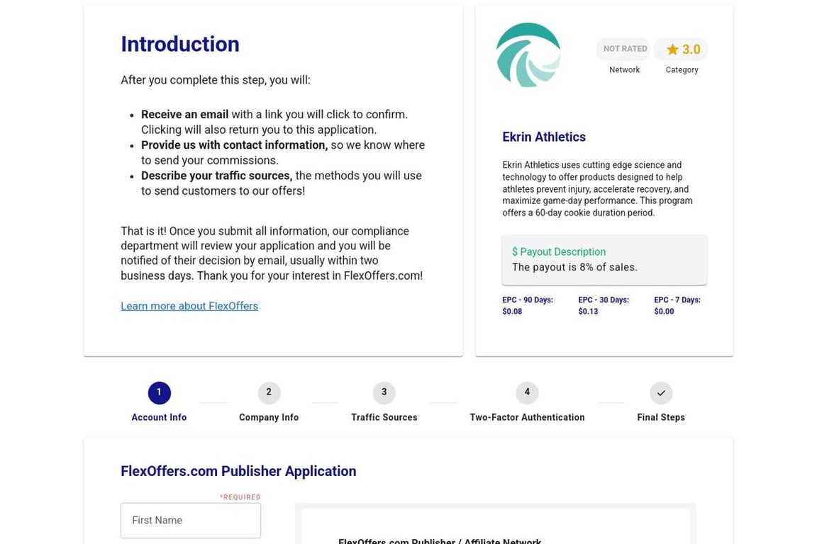 Ekrin Athletics affiliate program signup page
