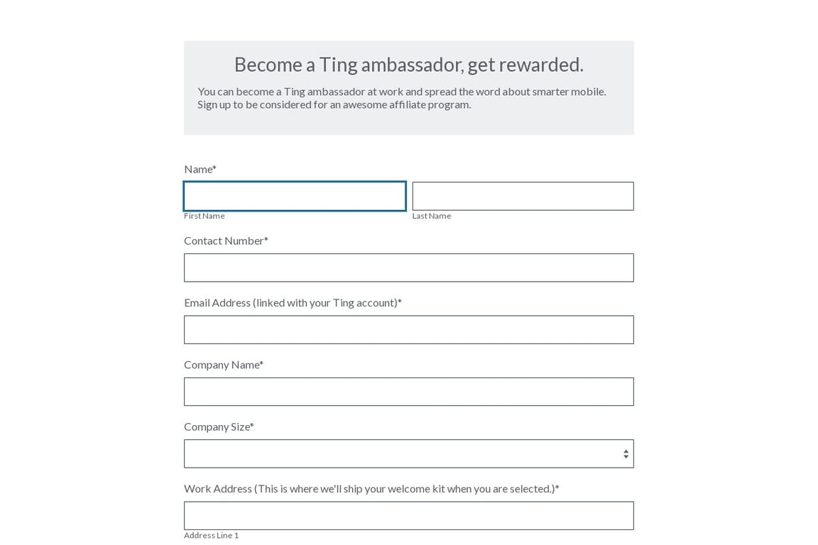 Ting affiliate program signup page