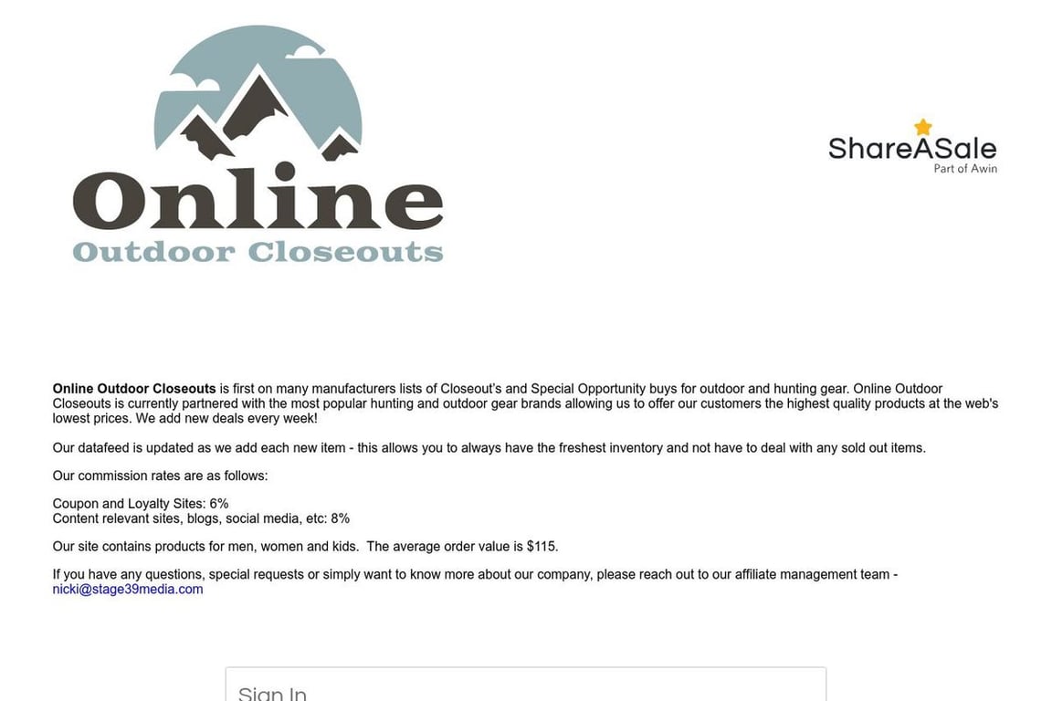 Online Outdoor Closeouts affiliate program signup page