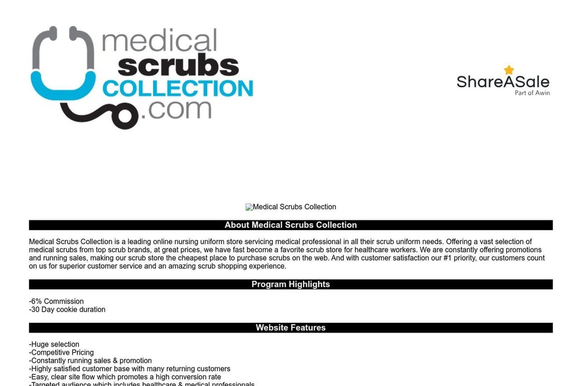 Medical Scrubs Collection affiliate program signup page