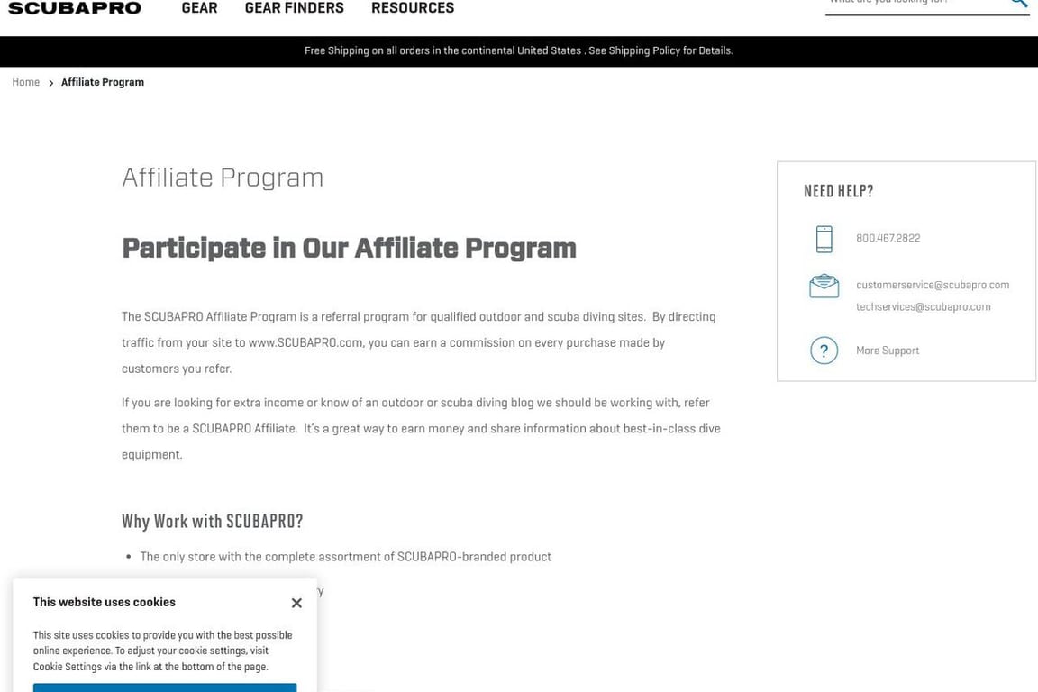 SCUBAPRO affiliate program signup page