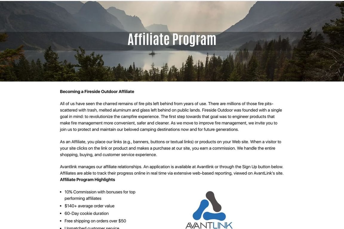Fireside Outdoor affiliate program signup page
