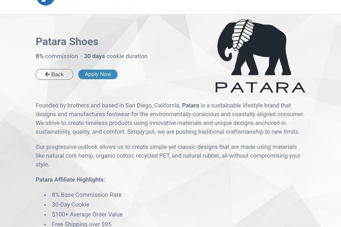 Patara Shoes affiliate program signup page
