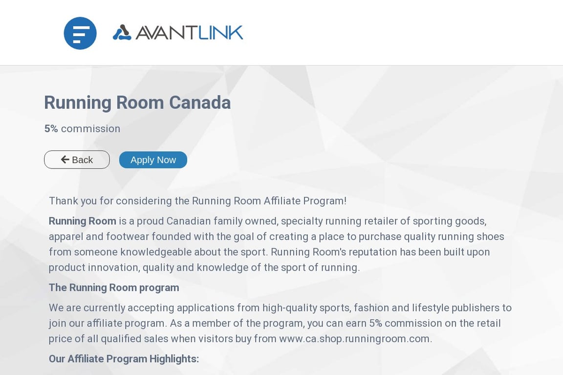 Running Room Canada affiliate program signup page