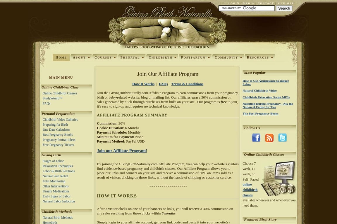 Giving Birth Naturally affiliate program signup page