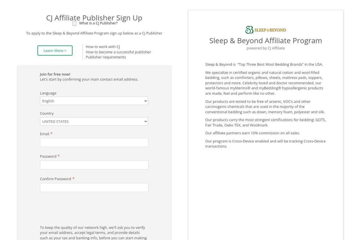 Sleep & Beyond affiliate program signup page