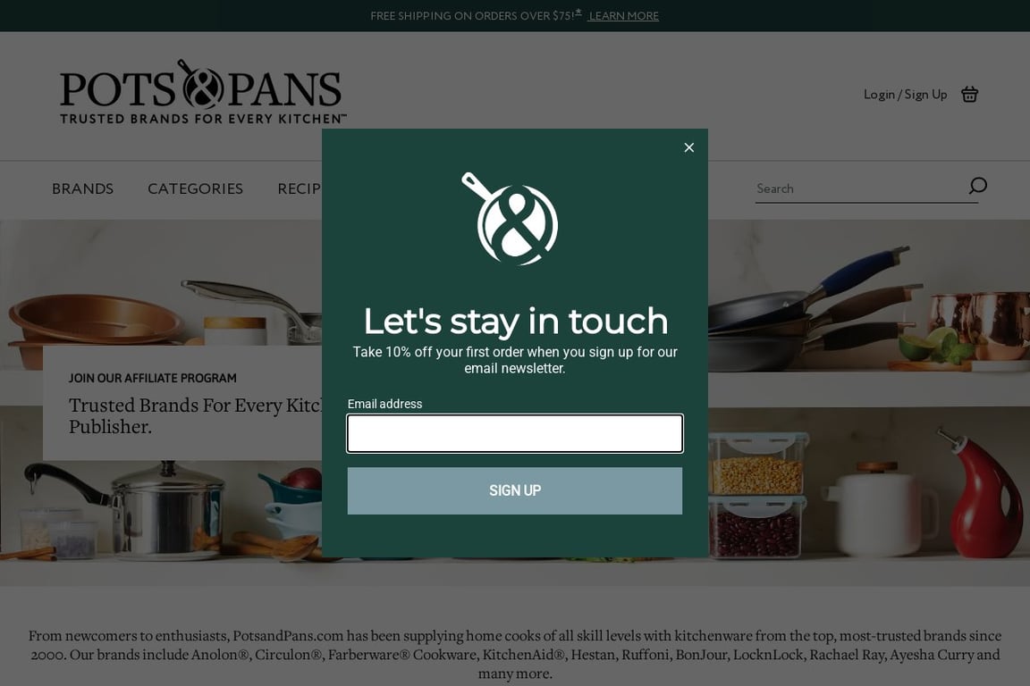 Pots and Pans affiliate program signup page