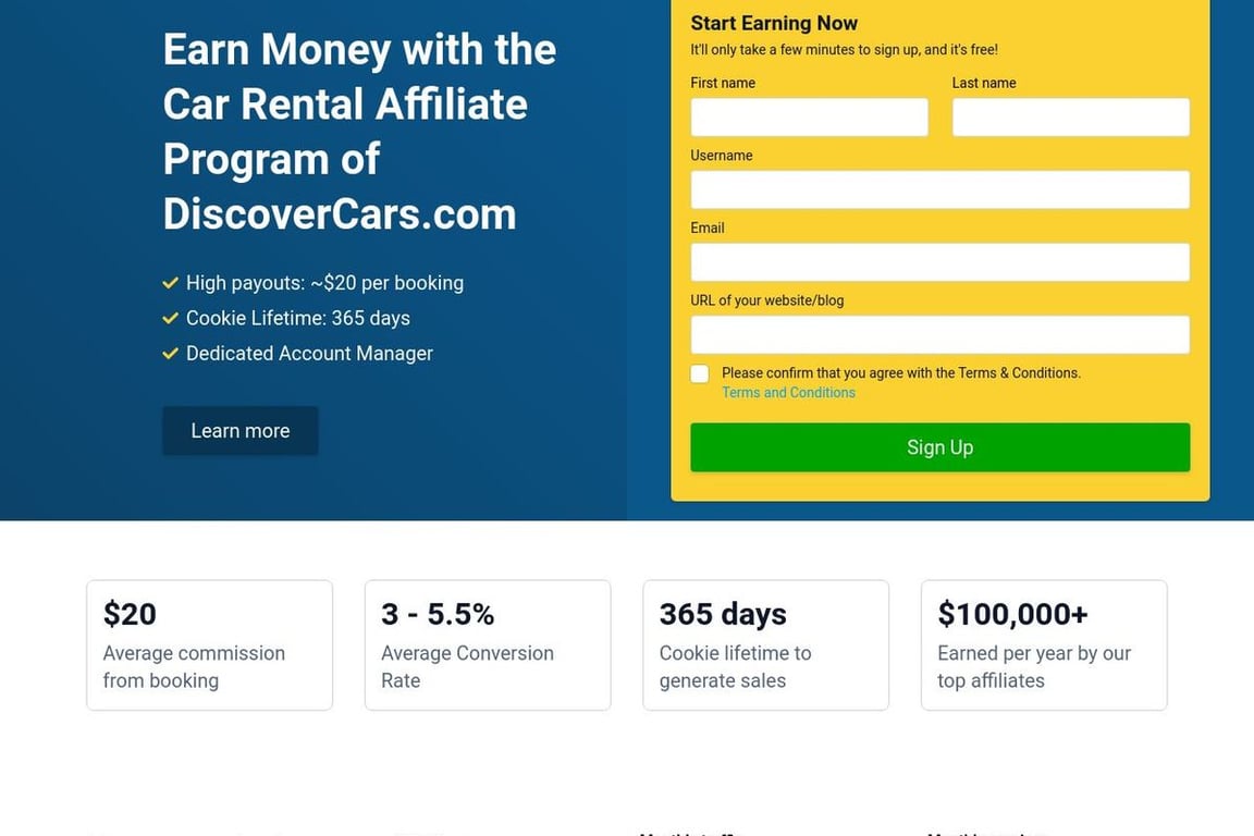 Discover Cars affiliate program signup page