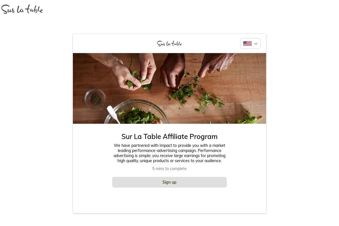 Sur La Table Preferred affiliate program signup page