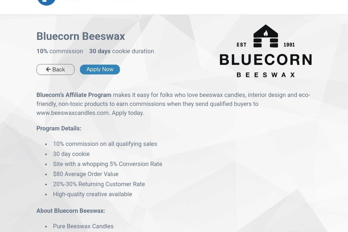 Bluecorn Beeswax affiliate program signup page