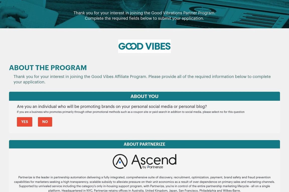 Good Vibrations affiliate program signup page