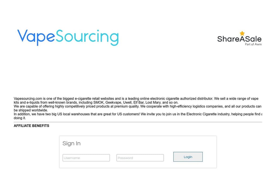 VapeSourcing affiliate program signup page