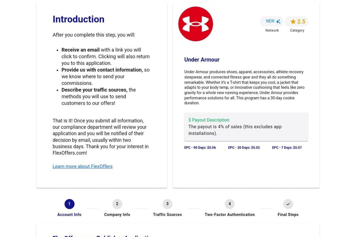 Under Armour affiliate program signup page