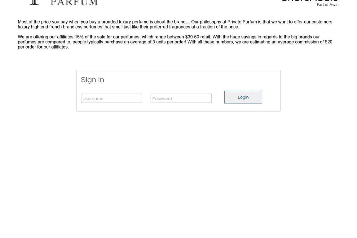 Private Parfum affiliate program signup page