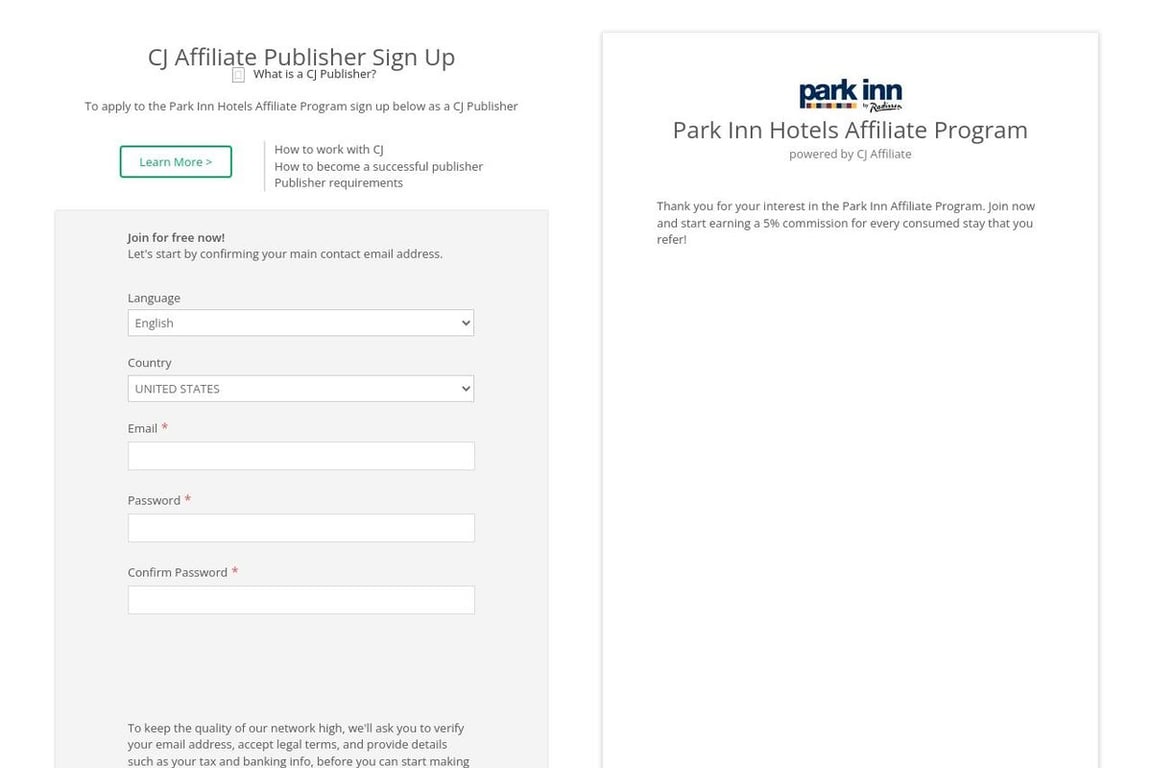 Park Inn Hotels affiliate program signup page
