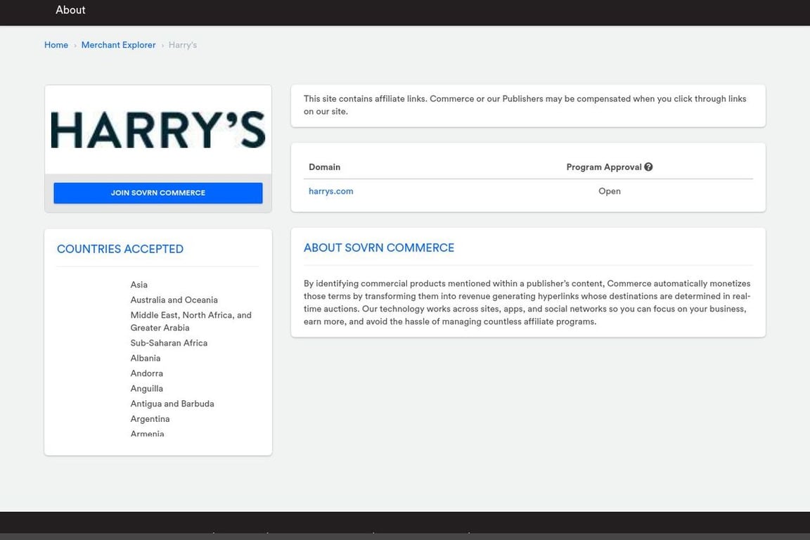 Harry’s affiliate program signup page