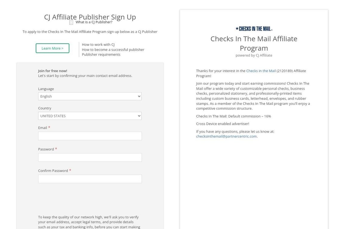 Checks In The Mail affiliate program signup page