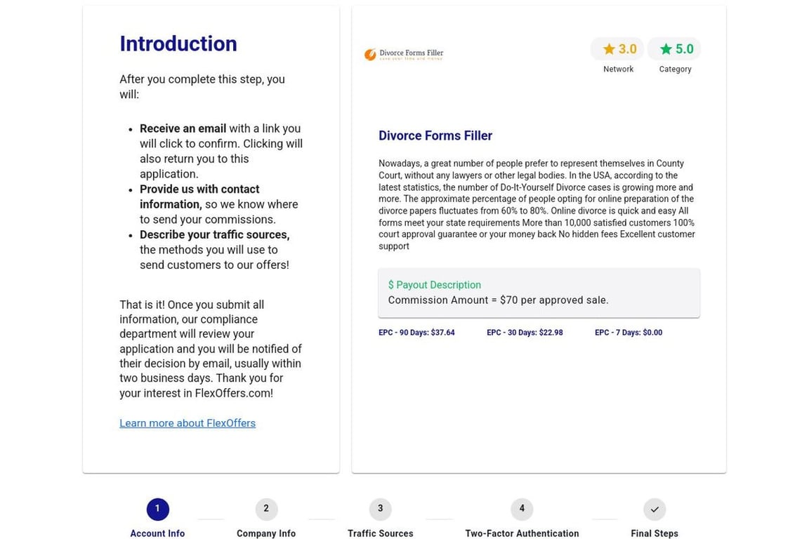 Divorce Forms Filler affiliate program signup page