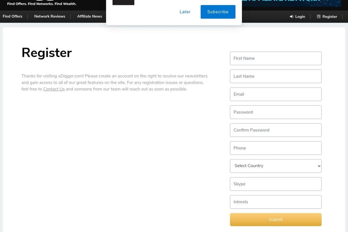 ODigger affiliate program signup page