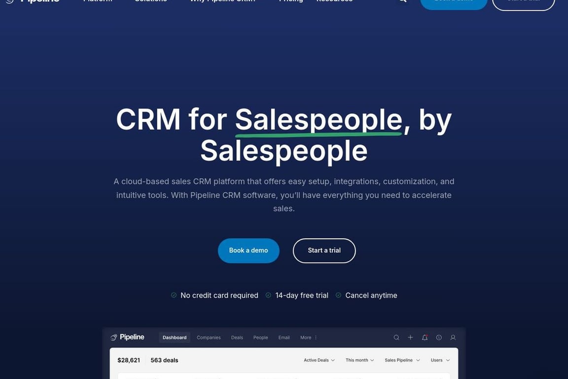 Pipeline CRM homepage
