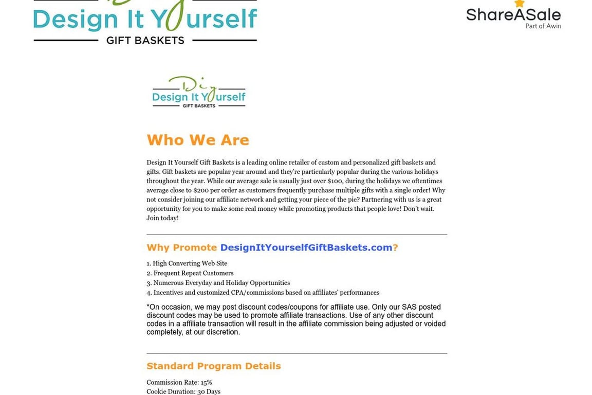 Design It Yourself Gift Baskets affiliate program signup page